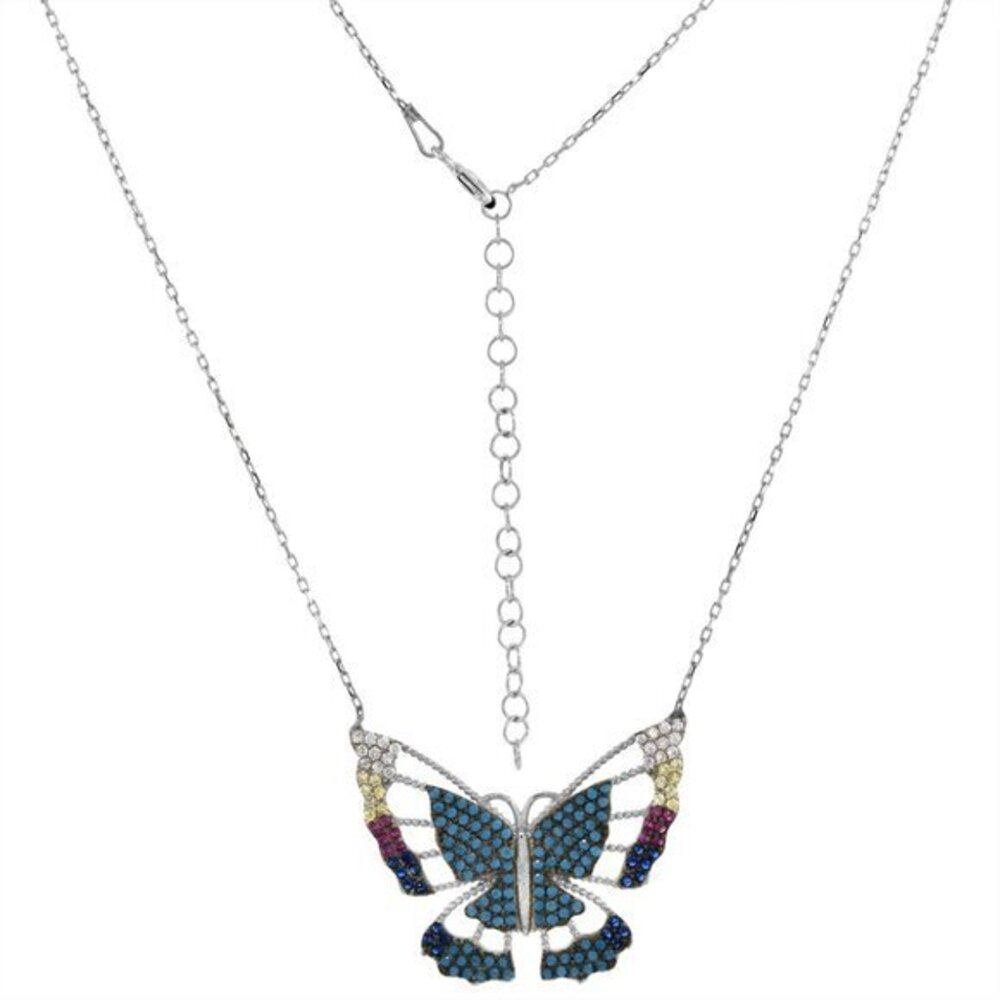 Sterling Silver Nano CZ Turquoise Butterfly Necklace for Women multicolor